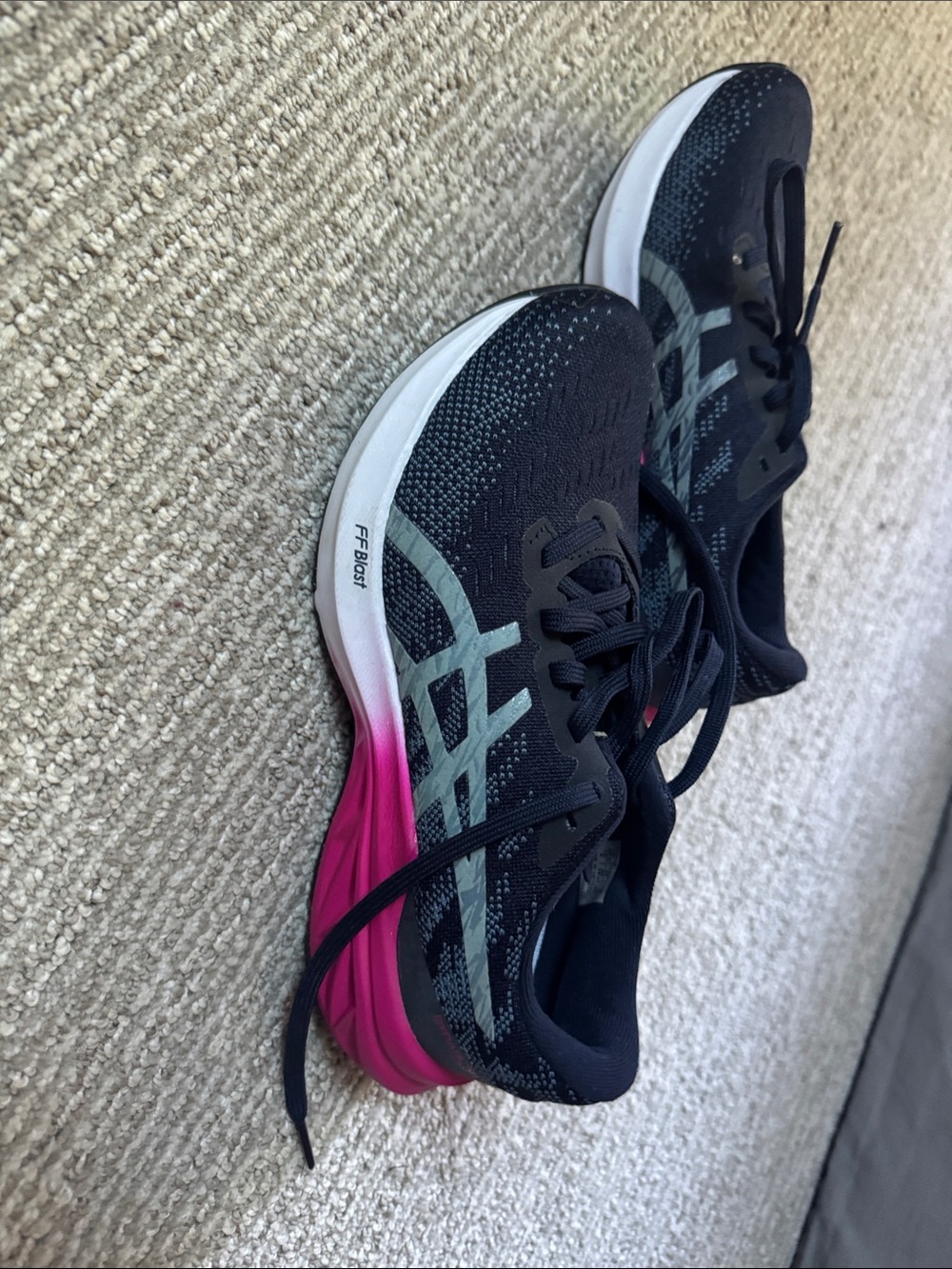 Asics Navy Running Shoes with Pink Heel and Gray Accents
